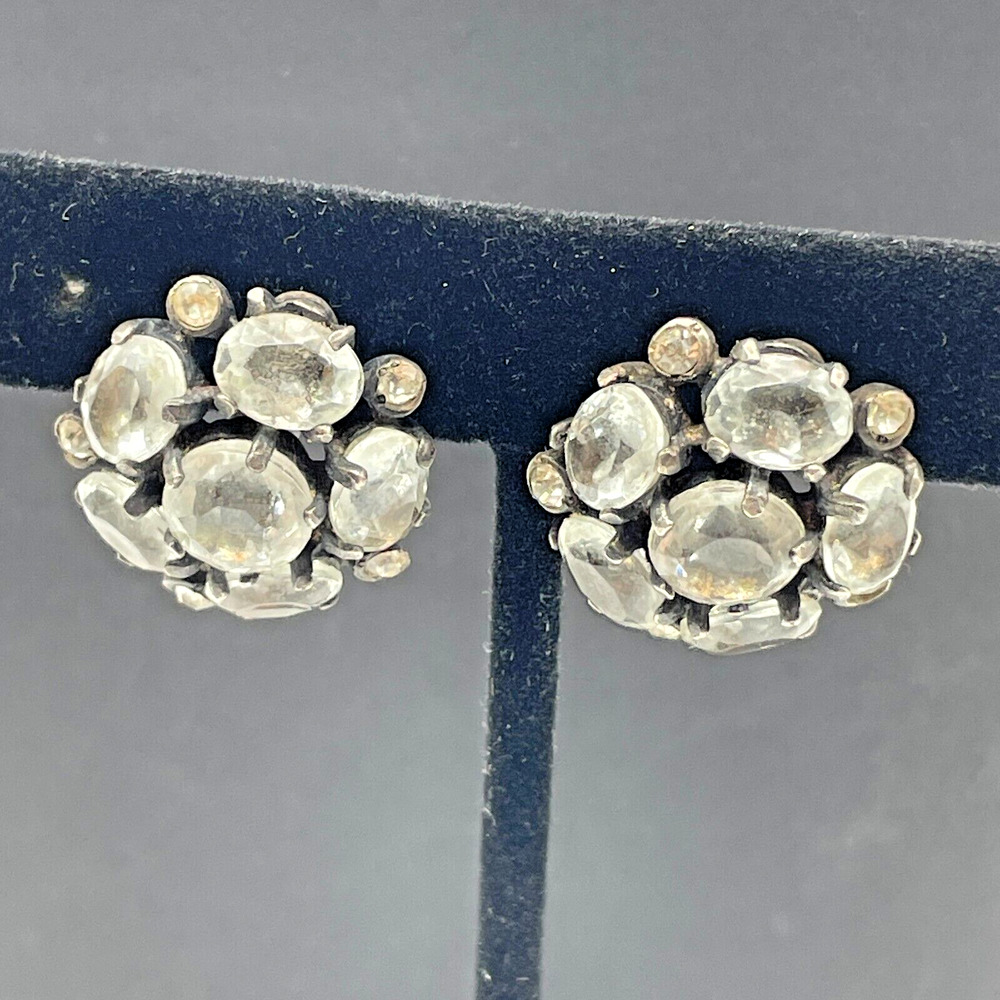 Vintage Sterling Silver Screw Back Clear Glass Rhinestone Cluster Earrings READ